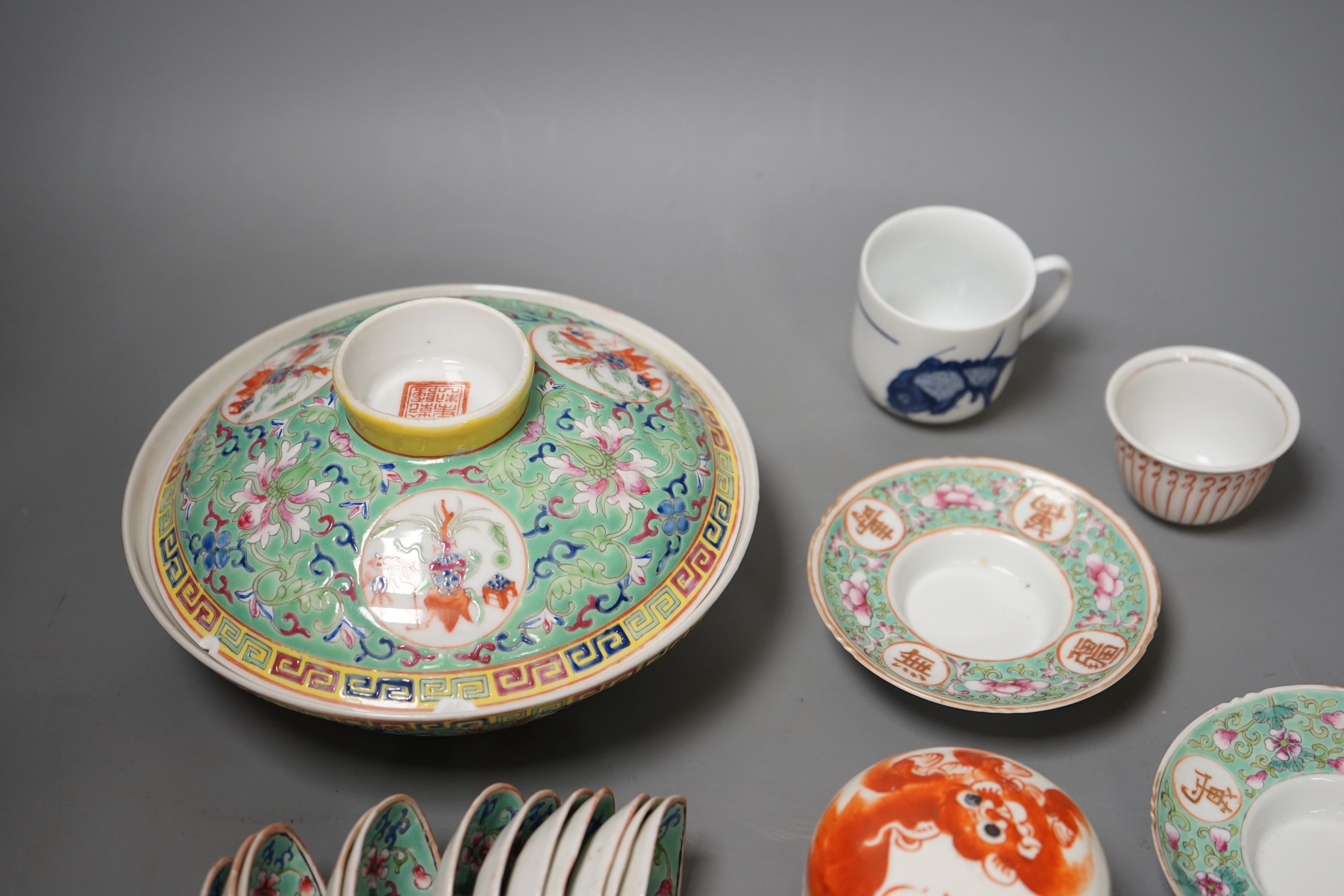 A group of 20th-century Chinese enamelled porcelain spoons, two stands a rice bowl and cover a box and cover and two other items